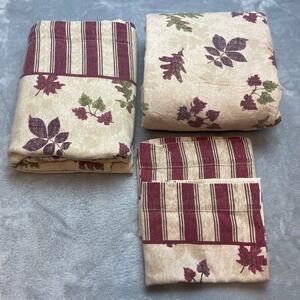 Flannel Leaf Sheet Set Size Queen Beige Burgundy Autumn Stripe Made in Portugal